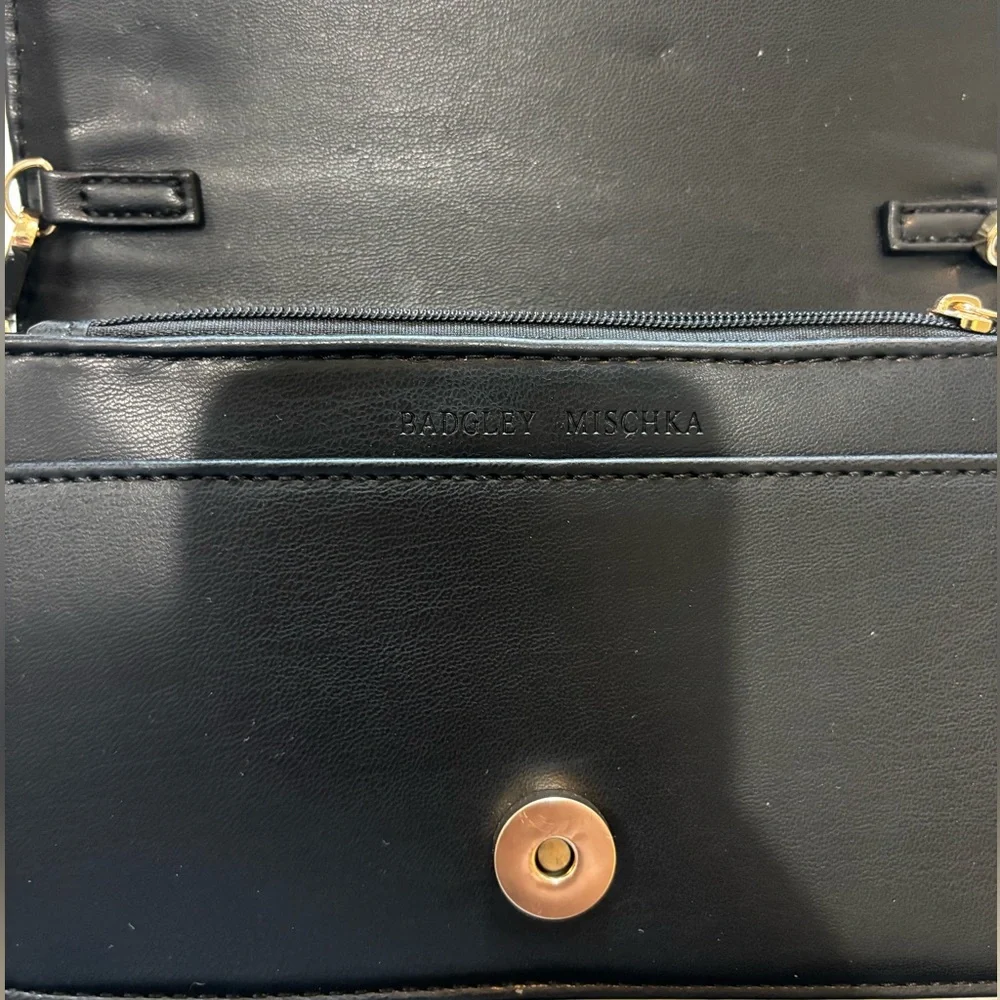 Badgley Mischka Black Leather Crossbody with Gold Logo Plate